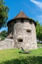 Historic guard tower of the city wall on the Rhine river banks in Bad Saeckingen