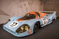 Historic Gulf Porsche 917 LH Le Mans prototype car in a museum