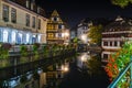 Historic half-timbered houses in tanners quarter in district la petite france in Strasbourg at night Royalty Free Stock Photo