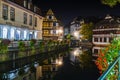 Historic half-timbered houses in tanners quarter in district la petite france in Strasbourg at night