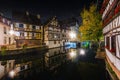 Historic half-timbered houses in tanners quarter in district la petite france in Strasbourg at night
