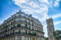 Historic Haussmann building, with the Saint-Jacques tower in the center of Paris, France Royalty Free Stock Photo