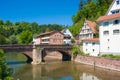 The historic HirschbrÃÂ¼cke with river Nagold in Wildberg