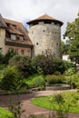 Historic Hoellturm and city wall with a park in Radolfzell on Lake Constance