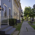 Historic hotel with colorful houses in Charlottetown, Prince Edward Island, Canada