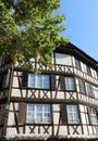 historic house with wooden balconies in the historic center of Strasbourg called Little France