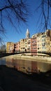 Historic houses and the Eiffel Bridge over the Onyar River, Girona, Catalonia, Spain Royalty Free Stock Photo