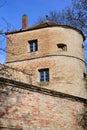 The historic Jakoberwall Tower in Augsburg on Jakoberwall from 1540 is still one of Augsburg\'s landmarks in the old town of Royalty Free Stock Photo