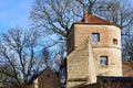 The historic Jakoberwall Tower in Augsburg on Jakoberwall from 1540 is still one of Augsburg\'s landmarks in the old town of Royalty Free Stock Photo