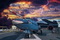 Vintage fighter jet aircraft carrier flight deck lightening Royalty Free Stock Photo