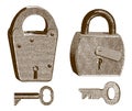 Historical keystone padlock and flat-keyed automatic padlock with key Royalty Free Stock Photo