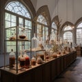 Historic laboratory with glass bulbs and big windows created with Generative AI