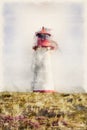 Historic lighthouse on the North Sea island of Sylt, Germany. Aquarelle illustration.