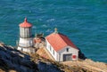 Historic lighthouse on rocky outcrop in Point Reyes National Seashore Royalty Free Stock Photo