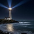 Historic lighthouse stands on a rocky shoreline, projecting beams of light into a starry Royalty Free Stock Photo