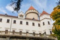 Historic Medieval Konopiste castle residence of Habsburg imperial family, white tower, terrace of romantic gothic baroque Chateau