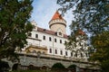 Historic Medieval Konopiste castle residence of Habsburg imperial family, white tower, terrace of romantic gothic baroque Chateau