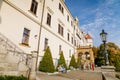 Historic Medieval Konopiste castle residence of Habsburg imperial family, white tower, terrace of romantic gothic and baroque