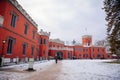 Historic Medieval Romantic castle Hradek u Nechanic with red facade, neo-gothic chateau before Christmas at winter day, Nechanice