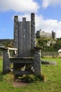 Historic stone castle and carved wooden chair