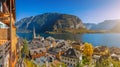 Historic mountain village of Hallstatt with lake in fall, Austria