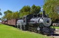 Historic narrow gauge railroad locomotive and train on display in Law, California, from about 1909.