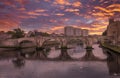 The Historic Old Bridge at Ayr in Scotland and a Spectacular Sunset over the town Centre