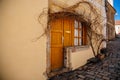 Historic old house, wooden window and door, branches bent over the entrance, Medieval narrow street, gothic, renaissance and