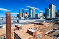 Historic Old Smoke Stack stands in contrast of New Modern Denver Skyscrapers Royalty Free Stock Photo