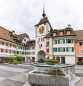Historic old town of Willisau in canton Lucerne with city gate and fountain Royalty Free Stock Photo