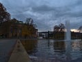 Historic opera house of Stuttgart Germany in downtown with Egyptian Gooses walking on the shore of small lake. Royalty Free Stock Photo