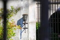 Historic outdoor wall lamp next to a grille gate