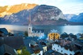 Historic picturesque village of Hallstatt in Austria Alps, HallstÃÂ¤tter Lake in Dachstein Alps, Lutheran Church and hotel Royalty Free Stock Photo