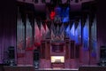 A historic pipe organ, musical instrument. Pipe organ at organ hall