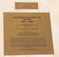 Historic plaque depicting the late great Laurence Olivier which is situated outside the national theatre London, 2018