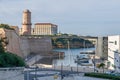 Historic port area with Esplanade J4, Fort Saint-Jean, palace Palais du Pharo and MuCEM in Marseille, France