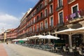 The historic red buildings on Plaza Mayor, striking sight in Valladolid, Castilla y Leon, Spain