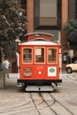 Historic red cable car in Friedel Klussmann Memorial Turnaround, Fisherman`s wharf, San Francisco, California, United States of Royalty Free Stock Photo