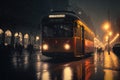 Historic red tram in Prague, Chezh Republic, on a rainy night. Reflections, car tracers and street lights, AI generated Royalty Free Stock Photo