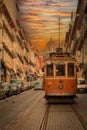 Orange tram in the street of Lisbon in Portugal Royalty Free Stock Photo