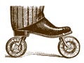 Historical roller skate with pneumatic tires clamped or strapped on the sole of a shoe