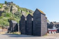 The historic rope huts near the beach in Hastings Old Town