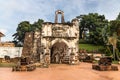 Historic ruins A Famosa is ancient Portuguese fortress. Popular tourism destination in Malacca. No people