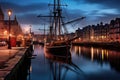 Historic sailing ship in the harbor of Gdansk, Poland, Old Leiths Docks at Twilight. Edinburgh, Scotland, AI Generated