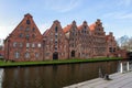 The historic salt storehouses at the upper Trave river in Lubeck in Sleswig-Holstein in Germany. Royalty Free Stock Photo