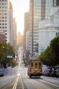 Historic San Francisco Cable Car on famous California Street at sunrise, California, USA