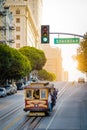 Historic San Francisco Cable Car on famous California Street at sunset, California, USA
