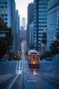 Historic San Francisco Cable Car on famous California Street in twilight, California, USA Royalty Free Stock Photo