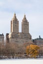 The San Remo Apartment Building in the Upper West Side Skyline with the Frozen Lake at Central Park during Winter in New York City Royalty Free Stock Photo