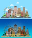 Historic skyscrapers in flat vector day and night city set